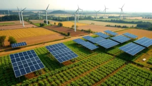 Solar panels and wind turbines on sustainable farmland with green crops and natural landscape, photorealistic, daytime lighting, wide aerial perspective showing economic and environmental integration