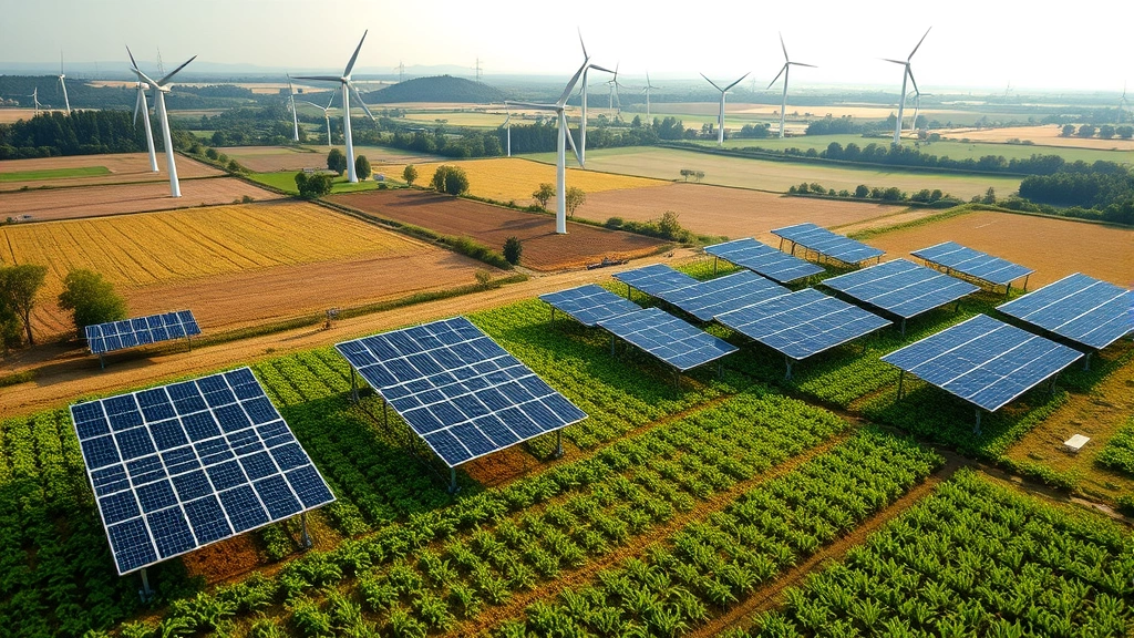 Solar panels and wind turbines on sustainable farmland with green crops and natural landscape, photorealistic, daytime lighting, wide aerial perspective showing economic and environmental integration