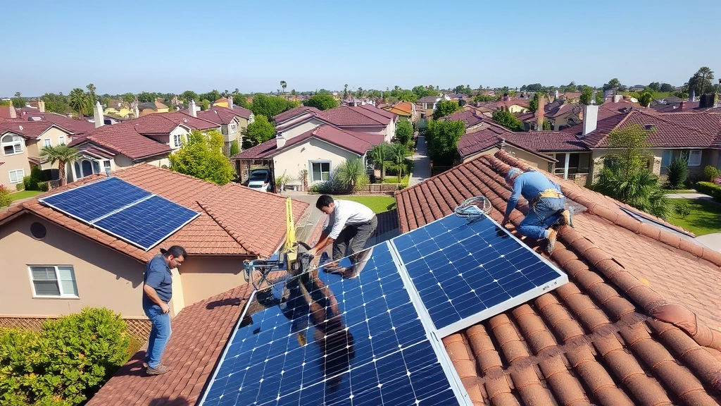Workers installing solar rooftop panels on residential homes in suburban neighborhood, diverse team, professional equipment, natural daylight, showing green job creation in action