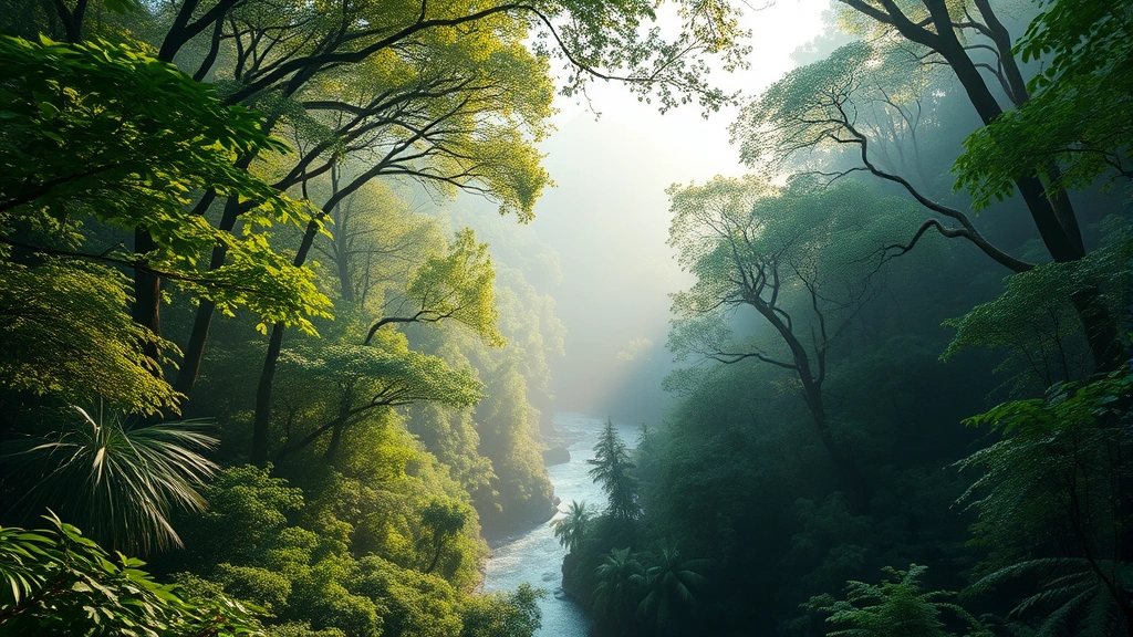 Lush forest canopy with river flowing through valley, sunlight filtering through leaves, pristine ecosystem in morning mist, photorealistic, no text