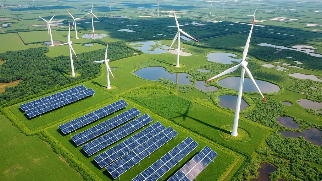 Solar panels and wind turbines across green landscape with restored wetlands, sustainable energy infrastructure integrated with nature, photorealistic aerial view, no text