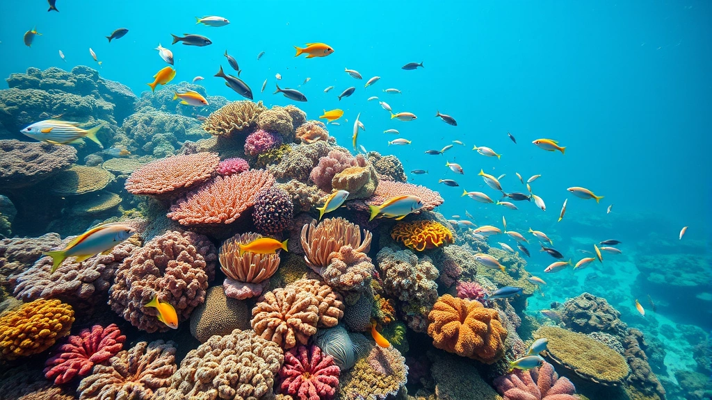 Coral reef teeming with colorful fish and marine life, healthy ocean ecosystem with clear blue water, diverse biodiversity, photorealistic underwater scene, no text