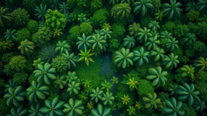 Photorealistic aerial view of lush tropical rainforest canopy with diverse green vegetation layers, showing biodiversity hotspot from above, natural lighting, no text or labels