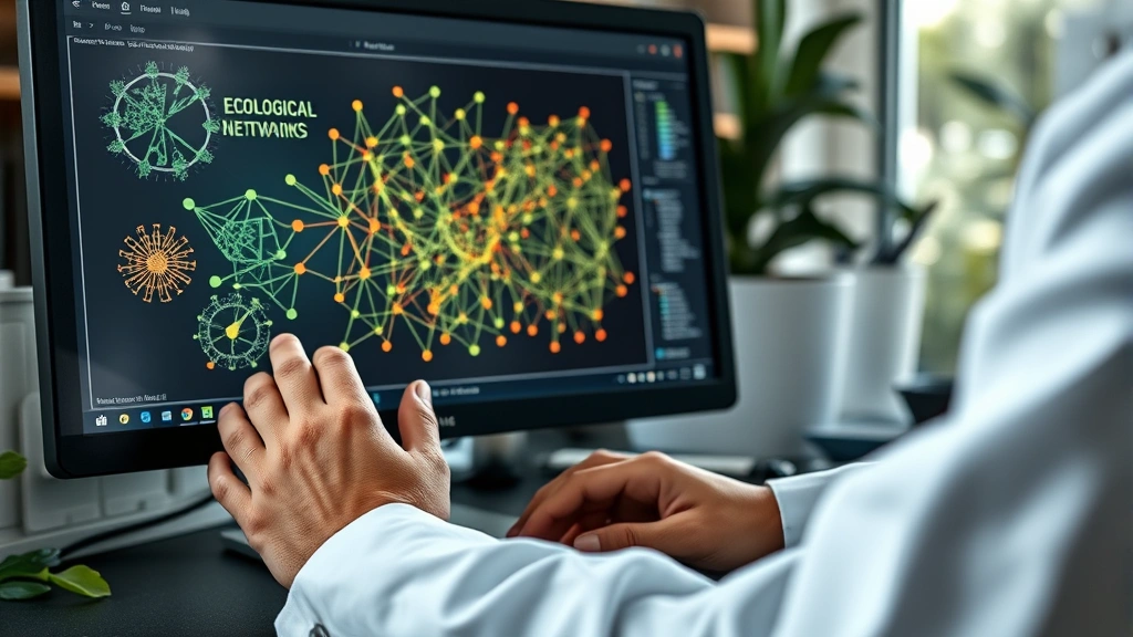 Photorealistic close-up of scientist's hands working with data visualization on computer screen showing ecological networks and species relationships, natural laboratory setting, no charts or text visible