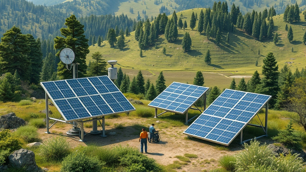 Photorealistic image of global ecosystem monitoring station with solar panels and environmental sensors in natural landscape, showing technology integration with nature, no readable text