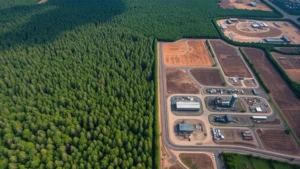 Aerial view of thriving forest ecosystem transitioning to cleared land with industrial infrastructure, showing environmental degradation and economic activity side by side