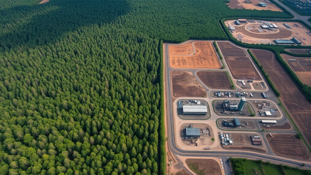Aerial view of thriving forest ecosystem transitioning to cleared land with industrial infrastructure, showing environmental degradation and economic activity side by side