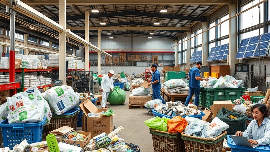 Modern circular economy facility with materials being sorted and recycled, workers processing sustainable products, renewable energy panels visible in background