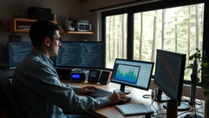 Photorealistic image of a scientist working at a computer with multiple Python development windows open, surrounded by ecosystem monitoring equipment and environmental data charts visible on desk, natural lighting from window showing forest landscape outside