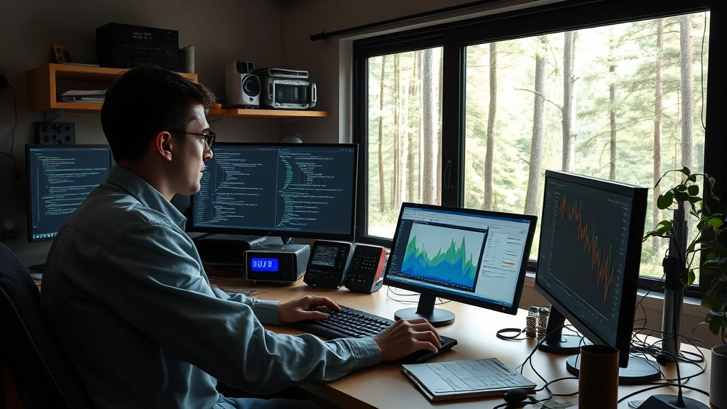 Photorealistic image of a scientist working at a computer with multiple Python development windows open, surrounded by ecosystem monitoring equipment and environmental data charts visible on desk, natural lighting from window showing forest landscape outside