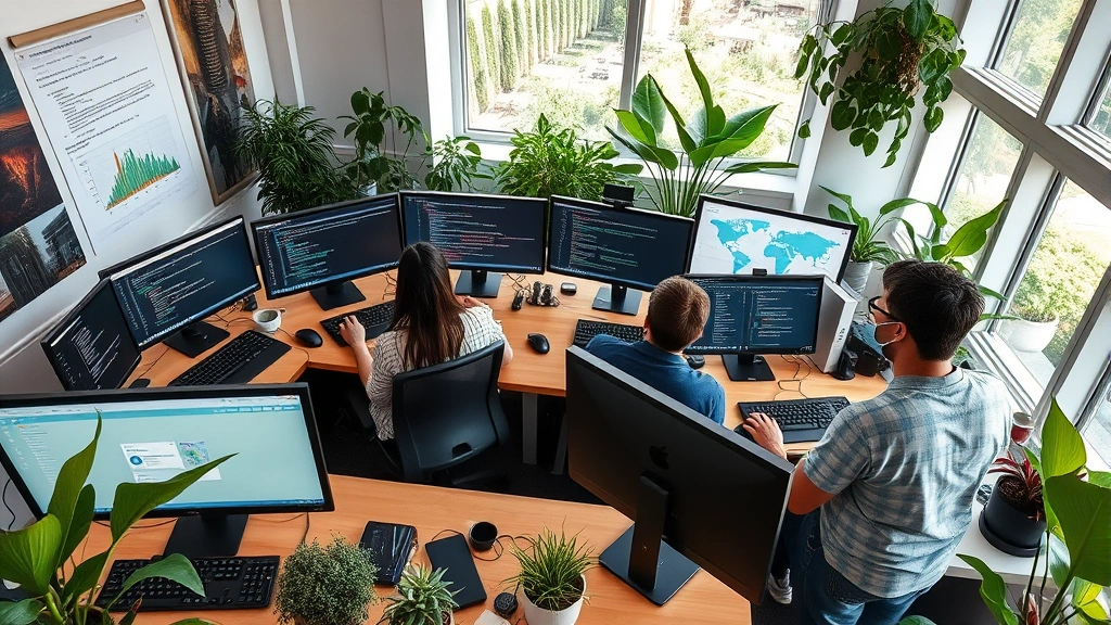 Wide-angle photograph of collaborative research workspace with multiple computers showing Python development environments, research team members analyzing environmental data, natural elements like plants integrated into modern office setting