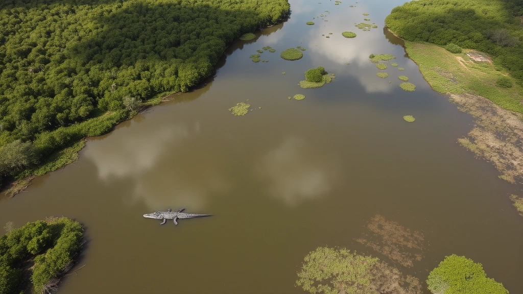 Aerial view of expansive tropical wetland with water channels, dense vegetation, and natural crocodile habitat with clear sky reflection
