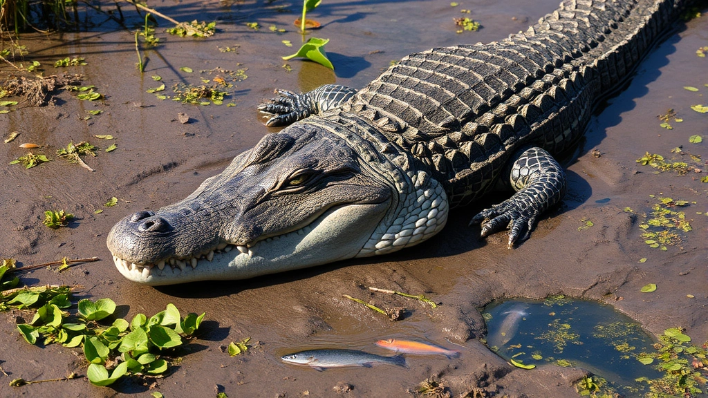 Close-up of crocodile basking on muddy bank with surrounding aquatic vegetation, fish, and other wetland wildlife in natural setting