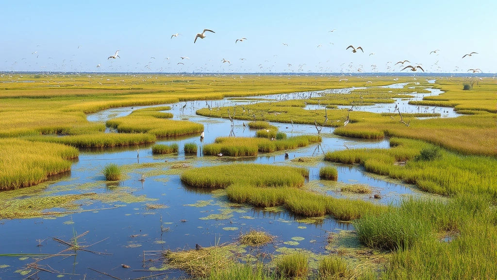 Wide landscape of restored wetland ecosystem with diverse bird species, clear water, and lush vegetation indicating healthy ecological function