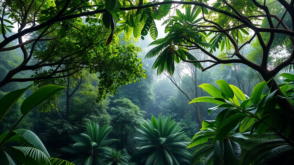 Lush tropical rainforest canopy with diverse vegetation layers, misty morning light filtering through leaves, intact ecosystem showing biodiversity and ecological complexity