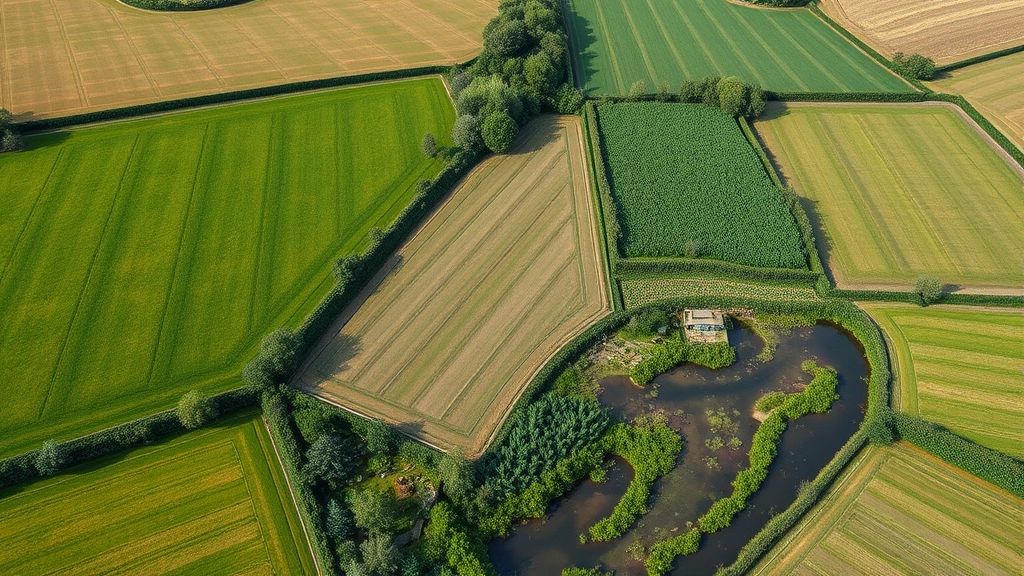 Aerial view of agricultural fields transitioning from monoculture to regenerative farming with hedgerows, diverse crops, and restored wetlands, showing natural and managed landscapes