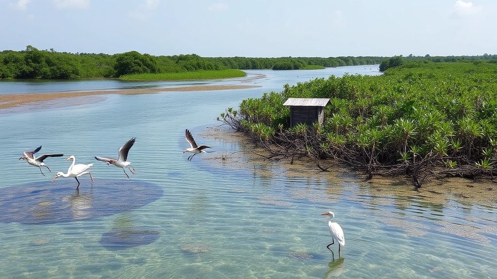 Coastal wetlands and mangrove forests with clear water, wading birds, and fish jumping, demonstrating ecosystem productivity and natural infrastructure providing economic services