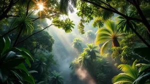 Lush tropical rainforest canopy with diverse vegetation layers, morning mist rising from forest floor, sunlight filtering through dense green foliage, showing ecological richness and biodiversity, photorealistic nature photography