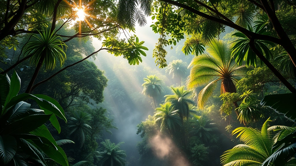 Lush tropical rainforest canopy with diverse vegetation layers, morning mist rising from forest floor, sunlight filtering through dense green foliage, showing ecological richness and biodiversity, photorealistic nature photography