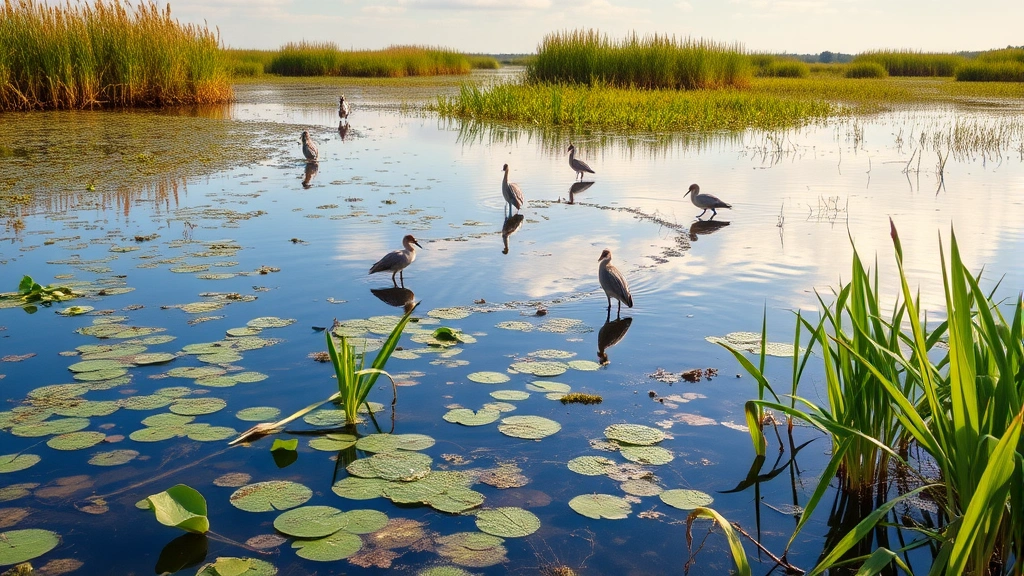 Healthy wetland ecosystem with water birds, aquatic plants, and clear water reflecting sky, showing ecosystem service provision for water filtration and wildlife habitat, natural landscape photography