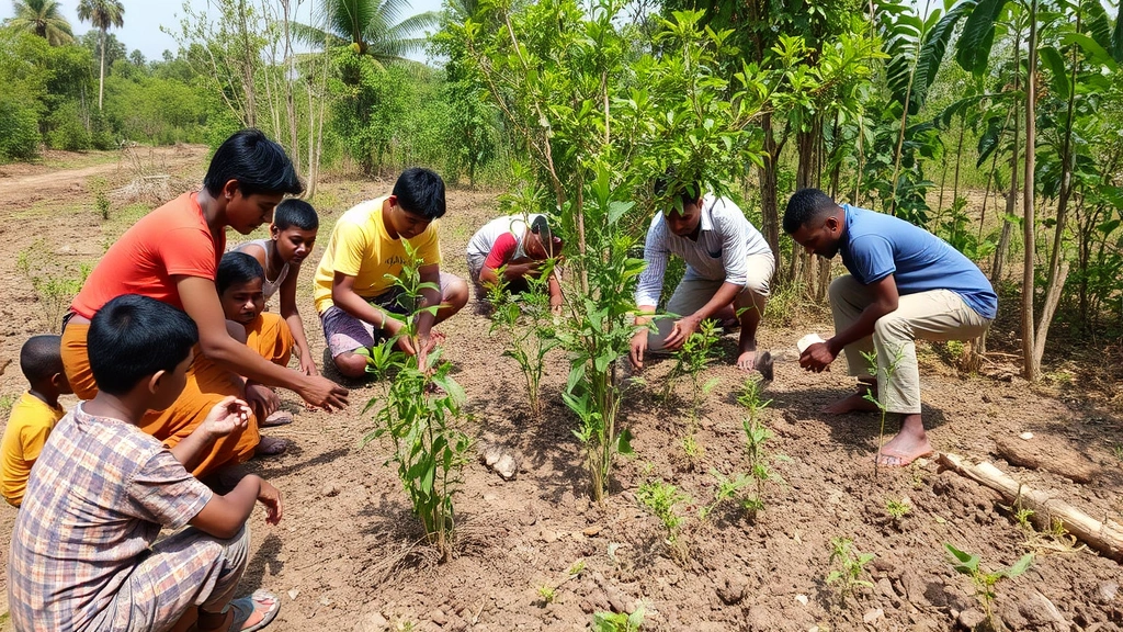 Community members engaged in reforestation activity, planting native trees in degraded land being restored, showing ecosystem restoration and human-nature collaboration for economic and environmental benefit