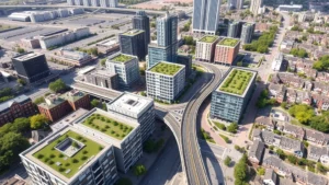 Aerial view of modern sustainable urban development with mixed-use buildings, green rooftops, and integrated transit infrastructure connecting downtown district to residential neighborhoods