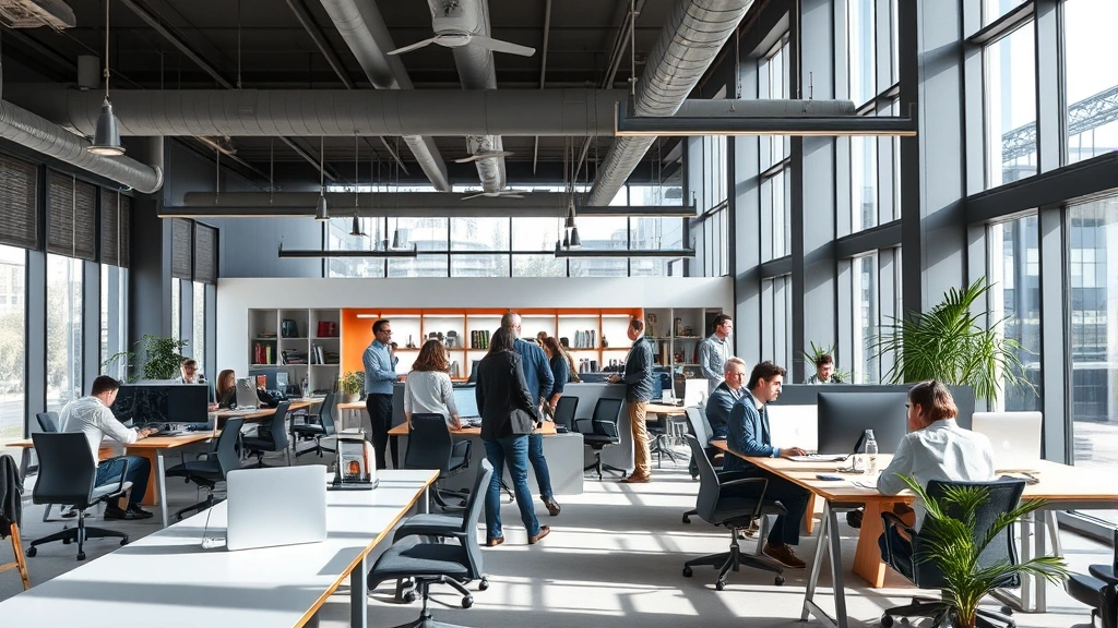 Interior of contemporary office workspace featuring natural lighting, ergonomic design, and collaborative areas where diverse professionals work together on innovative projects