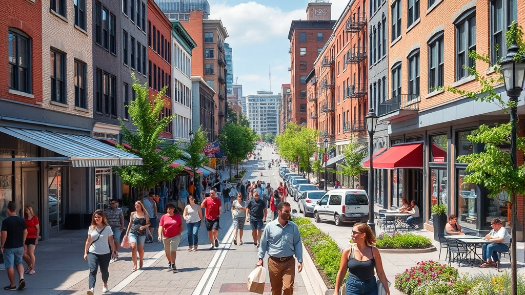 Bustling pedestrian-friendly urban street with walkable mixed-use development, street-level retail, outdoor dining, parks, and people actively engaging in community spaces