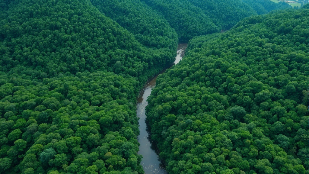 Aerial photograph of lush green forest canopy with river winding through valley, showing intact ecosystem providing water purification and carbon storage services, photorealistic natural landscape