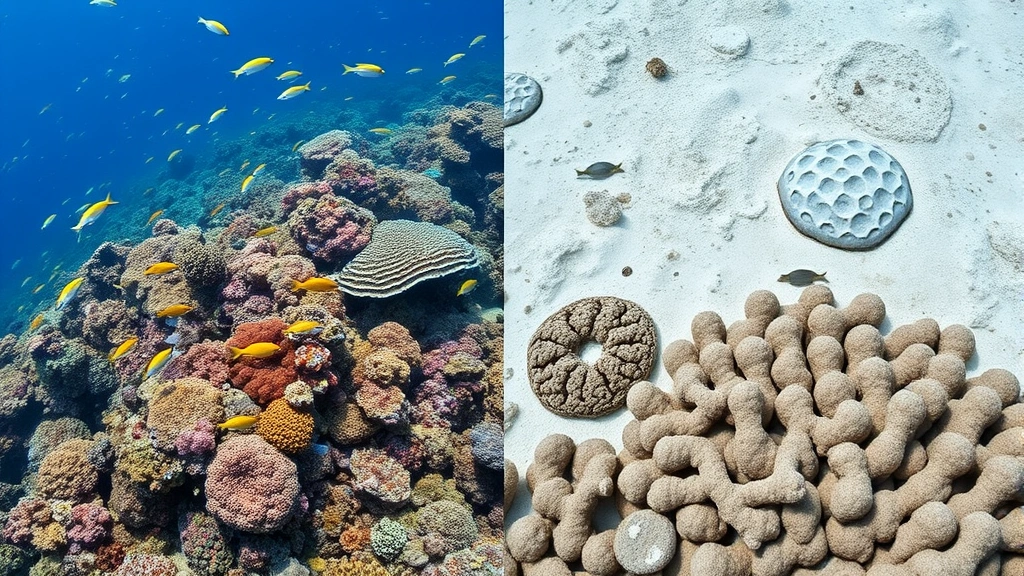 Split-screen comparison: left side showing healthy coral reef teeming with colorful fish and marine life, right side showing bleached dead coral, illustrating ecosystem service loss and economic impact of degradation