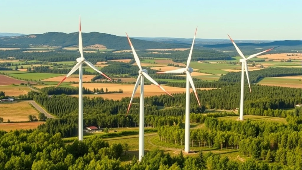 Modern renewable energy wind turbines in landscape with traditional agricultural fields and forests in background, showing economic transition toward sustainable resource use and circular economy principles