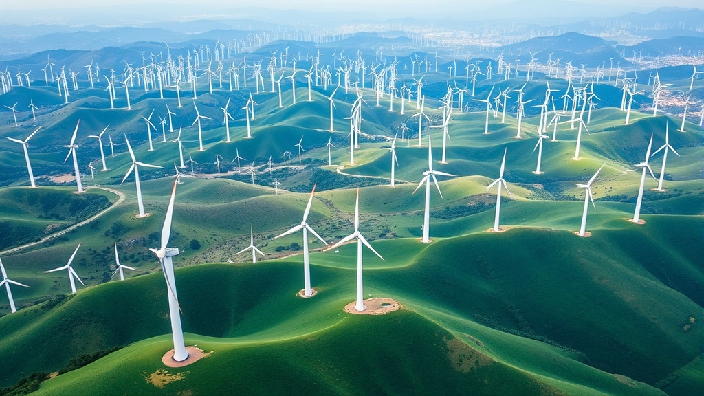 Aerial view of massive wind farm with hundreds of white turbines spanning rolling green hills, representing renewable energy infrastructure and clean technology investment in natural landscapes