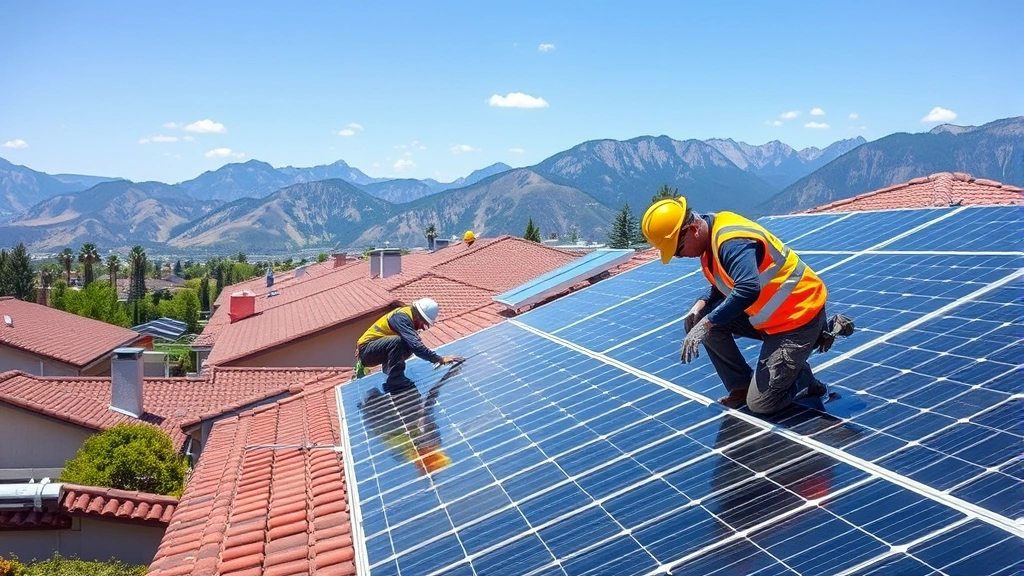 Workers in safety gear installing solar panels on residential rooftops with mountains in background, showing green jobs and sustainable energy transition in action