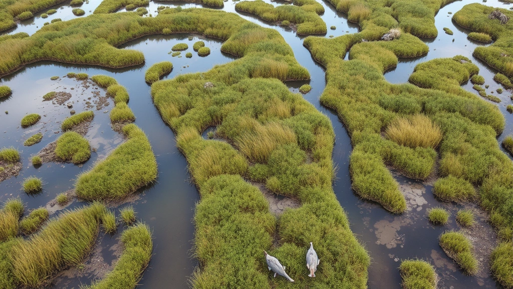 Aerial drone shot of restored wetland ecosystem with water channels, native vegetation, and wildlife, demonstrating ecological restoration economic value and natural capital preservation