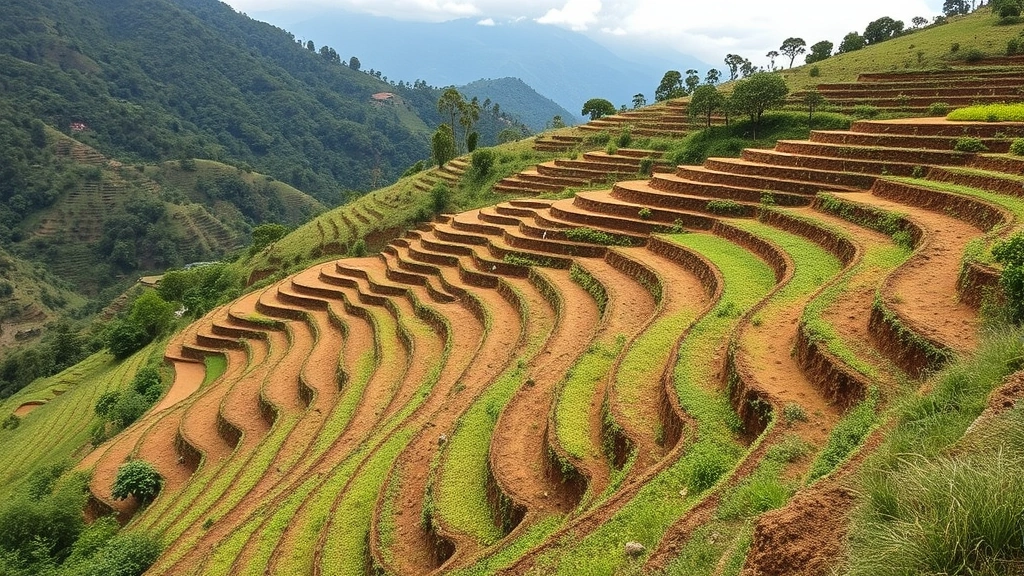 Agricultural terraces with healthy soil and diverse crop varieties growing on mountainside, demonstrating regenerative agriculture practices and natural capital preservation in sustainable farming