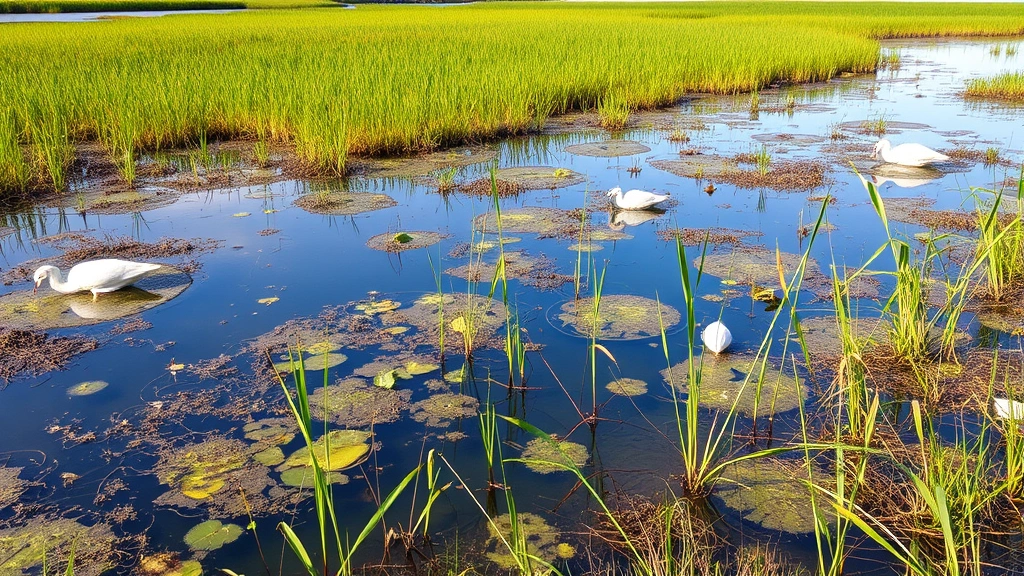 Coastal wetland ecosystem with water, marsh grasses, and wildlife, illustrating water purification and flood protection services that ecosystems provide to nearby human communities and economies