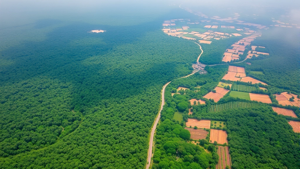 Aerial view of intact rainforest ecosystem transitioning to deforested agricultural land, showing clear environmental contrast and human land-use impact on natural habitat