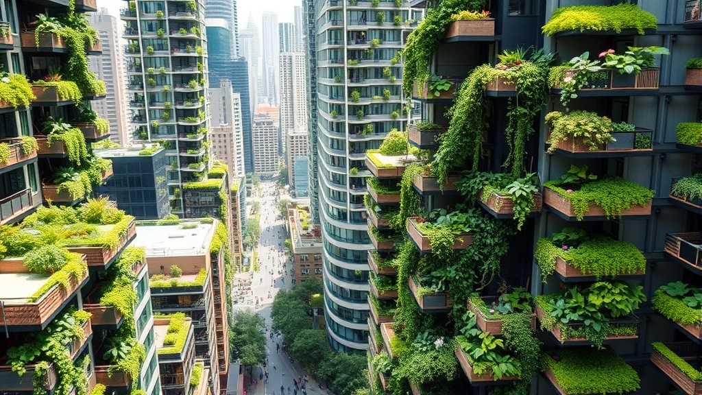 Urban green spaces with vertical gardens and parks integrated throughout dense cityscape, demonstrating sustainable human-environment coexistence in metropolitan setting