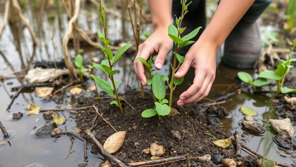 Hands planting native seedlings in restored wetland area with water visible, representing regenerative environmental practices and positive human interaction with nature