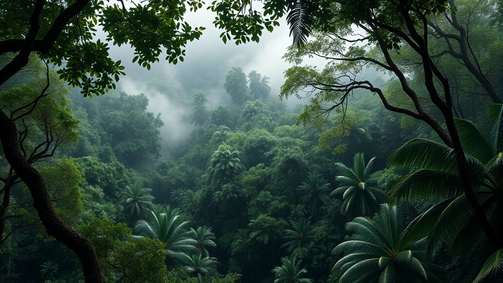 Dense tropical rainforest canopy with morning mist, showing pristine natural ecosystem with no visible human presence or infrastructure, photorealistic high resolution