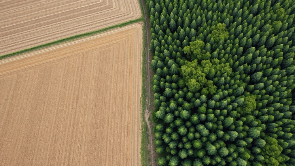Agricultural field boundary transitioning to natural forest, showing contrast between cleared land with crop rows and undisturbed dense forest vegetation, aerial perspective photorealistic
