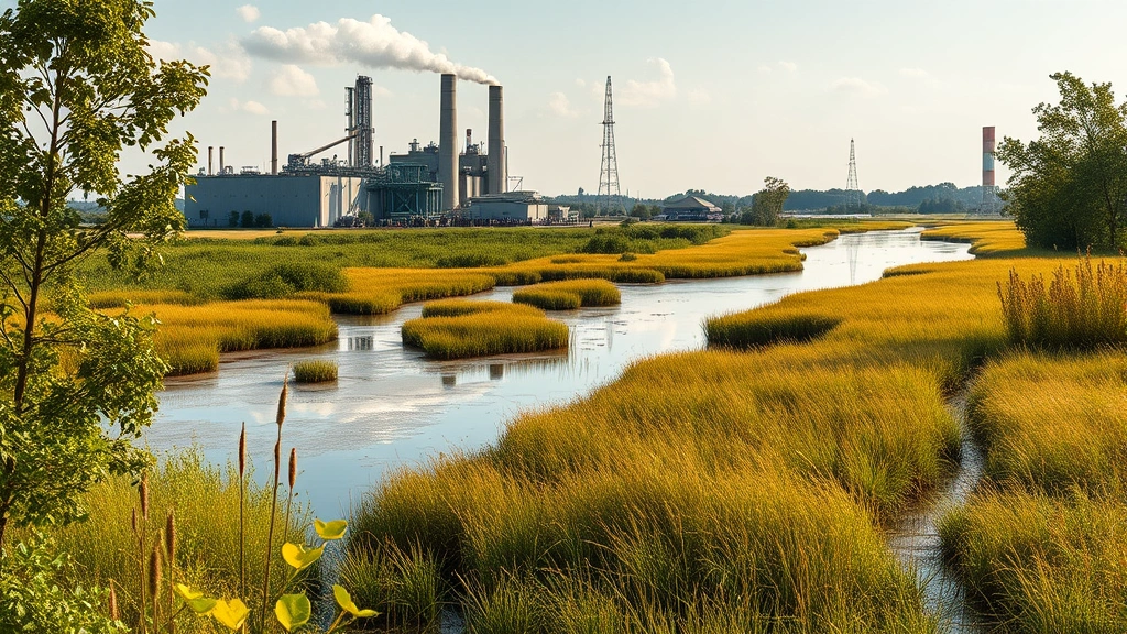 Industrial manufacturing facility beside preserved wetland with native vegetation, demonstrating human development and natural ecosystem coexistence in same landscape, photorealistic daytime lighting