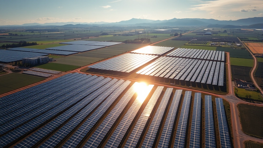 Aerial view of expansive solar farm with thousands of panels reflecting sunlight, surrounded by green fields and distant mountains, showing modern renewable energy infrastructure in natural landscape