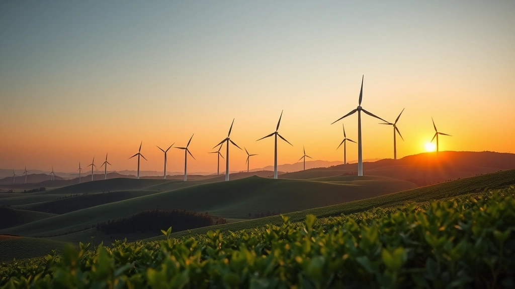 Wind turbines on rolling hills during golden hour sunset, with lush green vegetation in foreground, demonstrating large-scale clean energy generation integrated into natural environment