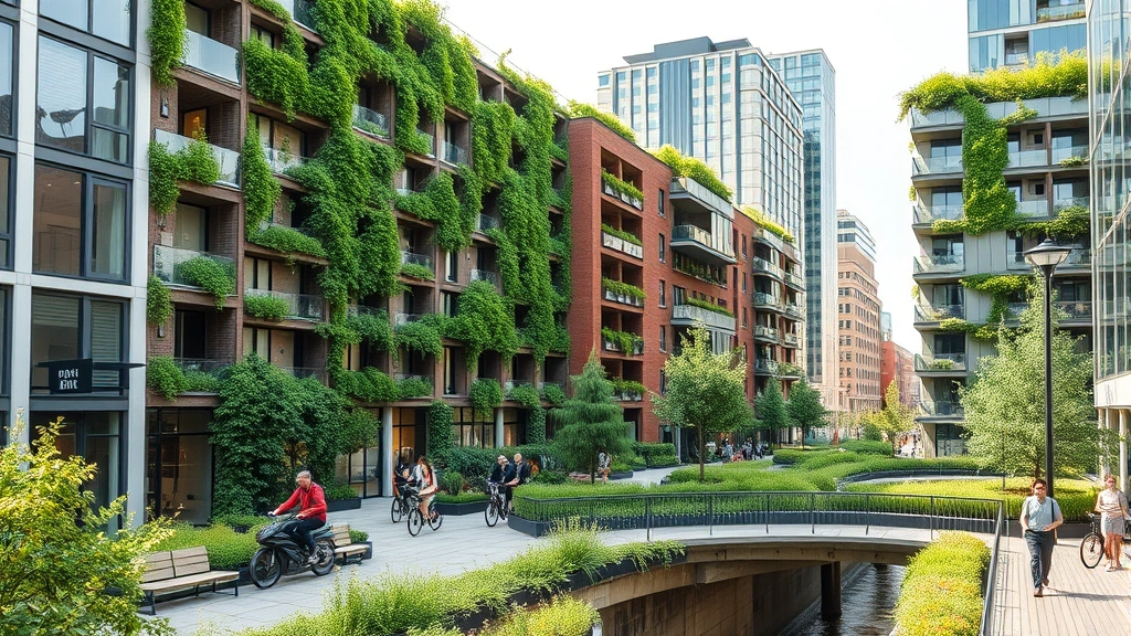 Urban green space with modern buildings featuring living walls and rooftop gardens, people walking and cycling on sustainable infrastructure, showing circular economy and environmental integration in city development