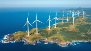 Photorealistic aerial view of renewable energy wind turbines in coastal landscape with blue ocean, green hills, and natural ecosystem intact, bright daylight, no text or labels