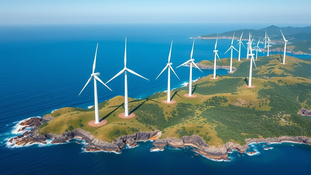 Photorealistic aerial view of renewable energy wind turbines in coastal landscape with blue ocean, green hills, and natural ecosystem intact, bright daylight, no text or labels