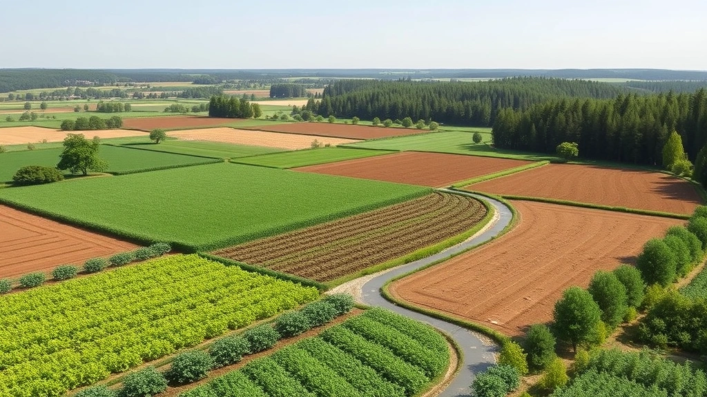 Photorealistic image of sustainable farming landscape showing crop diversity, soil health indicators, water management systems, and natural forest borders with clear sky, no text