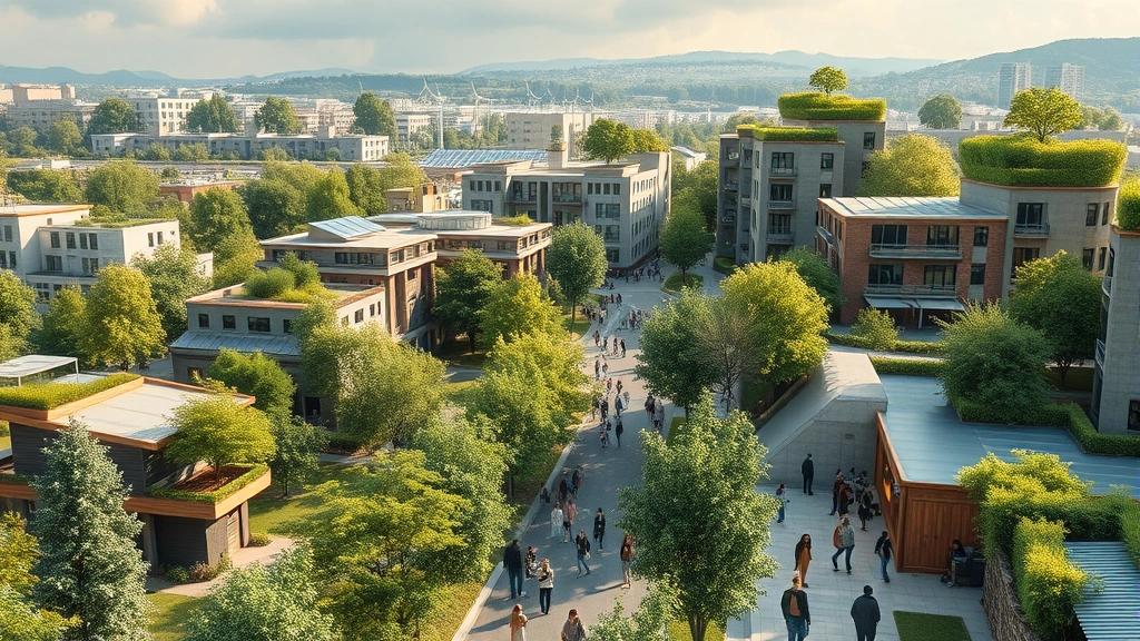 Photorealistic photograph of modern sustainable city district with green buildings, tree-lined streets, renewable energy infrastructure, clean water systems, and people engaged in community activities, natural lighting
