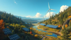 Photorealistic image of solar panels and wind turbines integrated into diverse natural landscape with forests, wetlands, and wildlife habitats visible